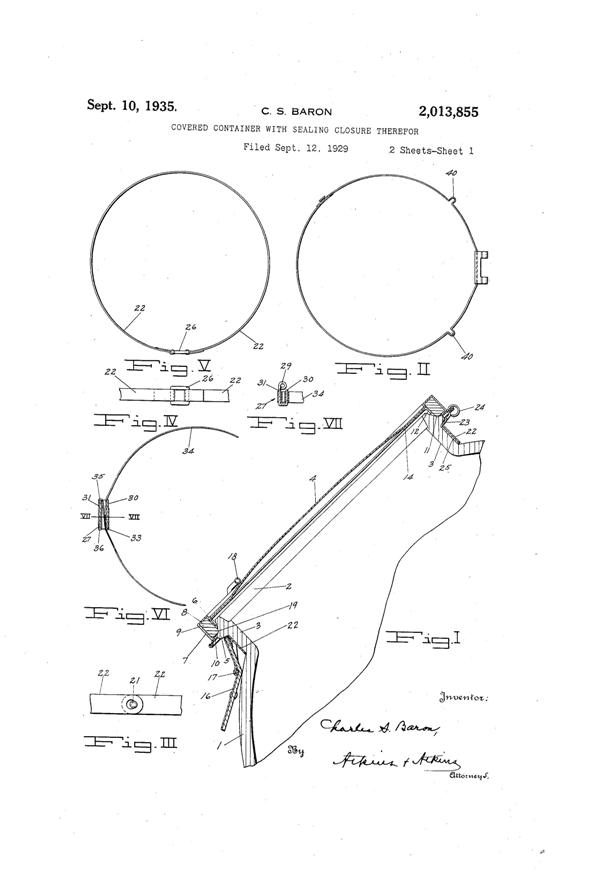 U. S. Glass Container Lid Patent 2013855-1