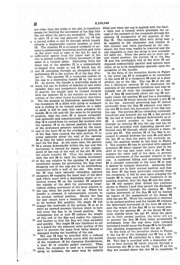 U. S. Glass Jug Top Patent 2102349-05