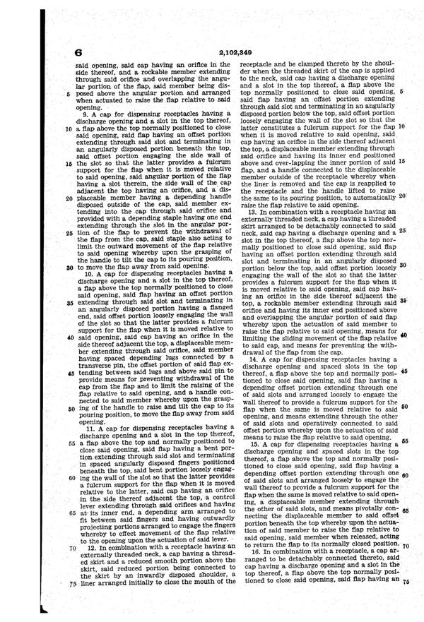 U. S. Glass Jug Top Patent 2102349-09