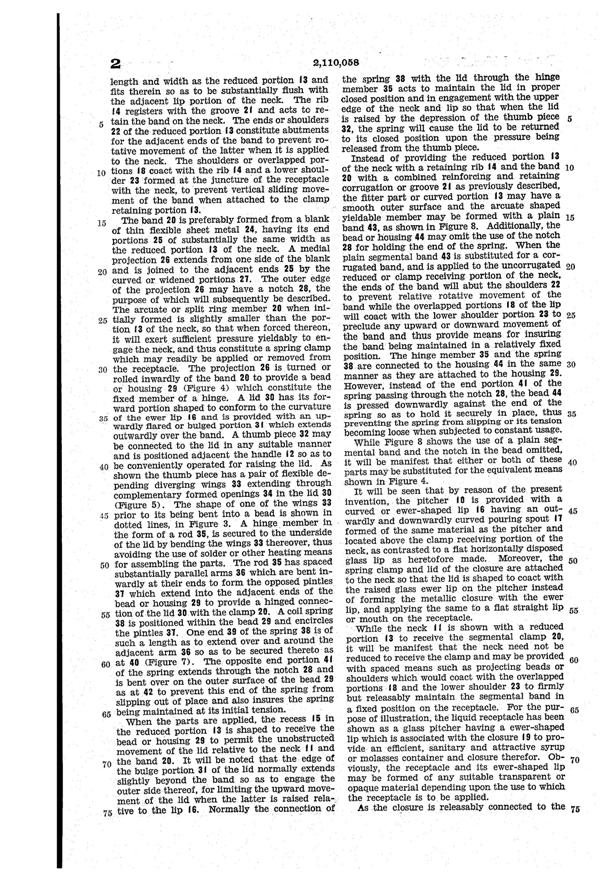 U. S. Glass Jug Top Patent 2110058-3