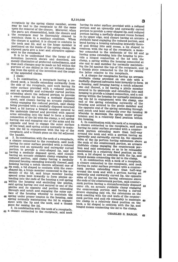 U. S. Glass Jug Top Patent 2110058-4