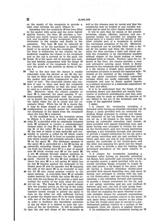 U. S. Glass Jug Top Patent 2136123-3