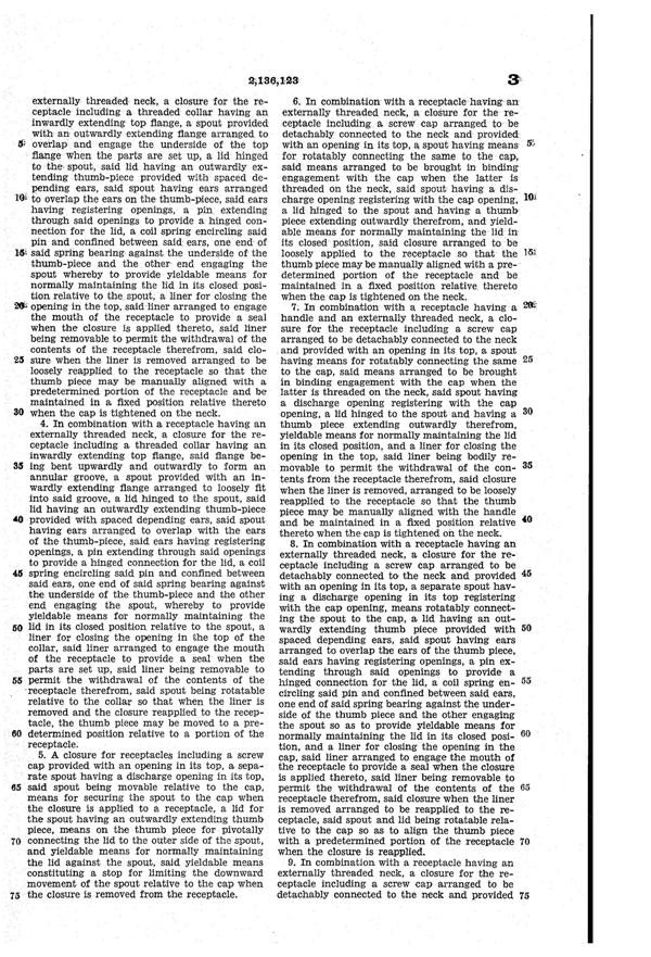 U. S. Glass Jug Top Patent 2136123-4