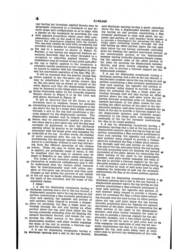 U. S. Glass Jug Top Patent 2158923-7