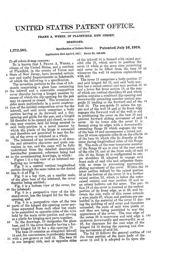 Weeks Inkstand Patent 1272585-2