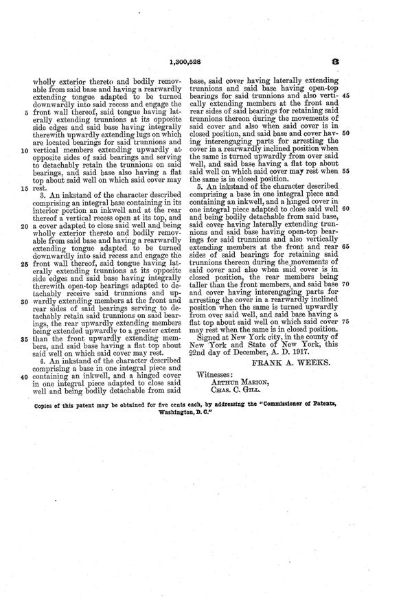 Weeks Inkstand Patent 1300528-4
