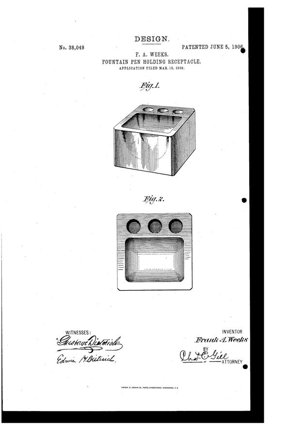 Weeks Pen Holder Design Patent D 38049-1