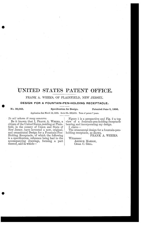 Weeks Pen Holder Design Patent D 38049-2