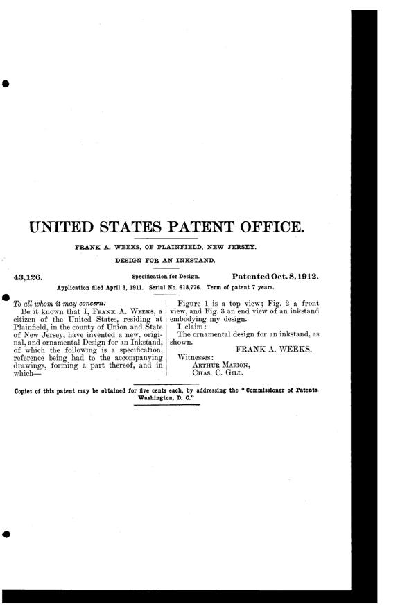 Weeks Inkstand Design Patent D 43126-2