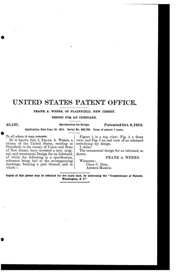Weeks Inkstand Design Patent D 43127-2