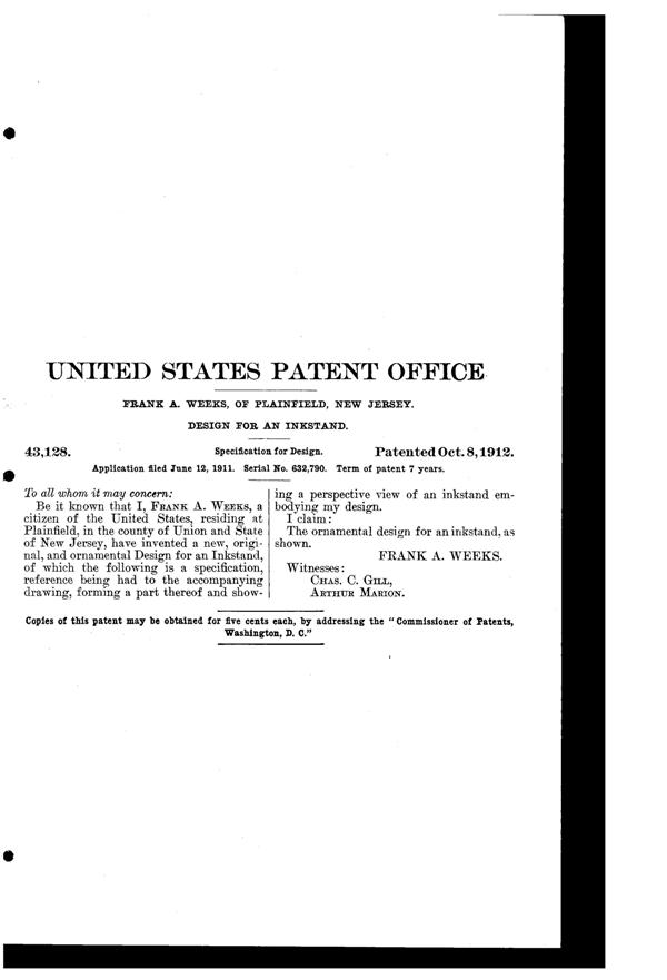 Weeks Inkstand Design Patent D 43128-2
