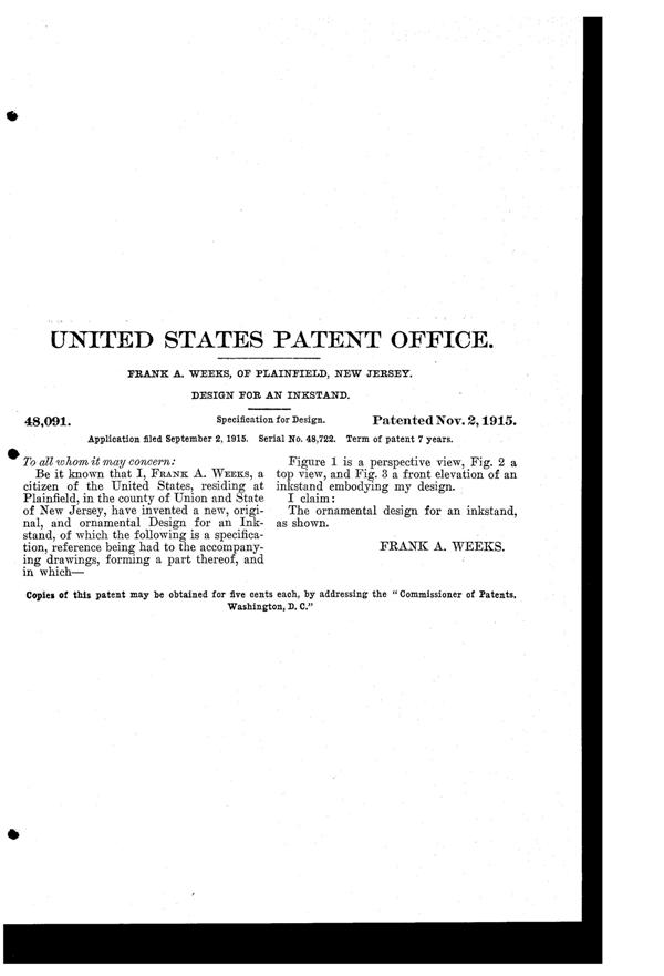 Weeks Inkstand Design Patent D 48091-2