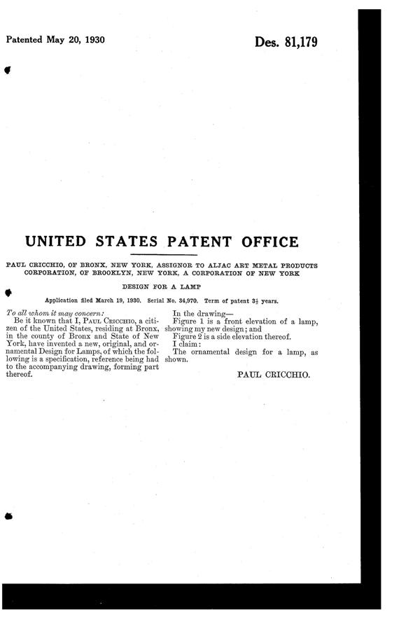 Aljac Art Metal Products Lamp Design Patent D 81179-2