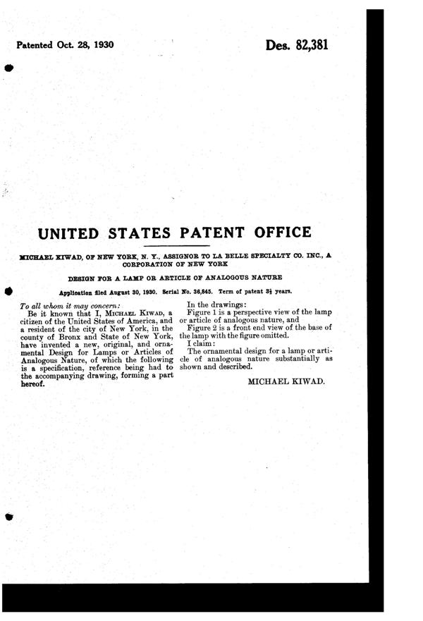 La Belle Specialty Lamp Design Patent D 82381-2
