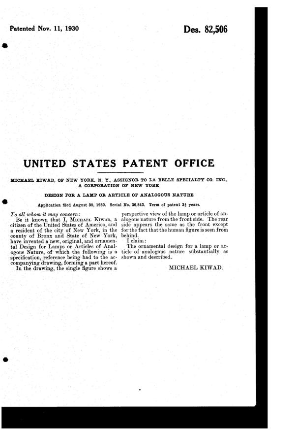 La Belle Specialty Lamp Design Patent D 82506-2