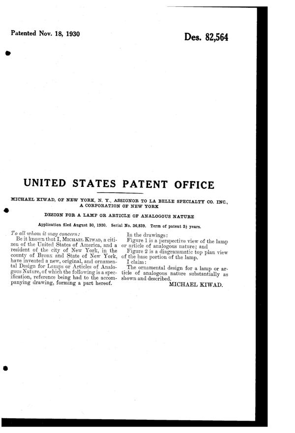 La Belle Specialty Lamp Design Patent D 82564-2