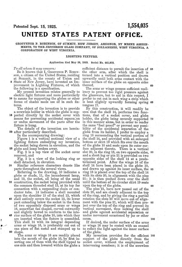 Jefferson Light Fixture Patent 1554035-2