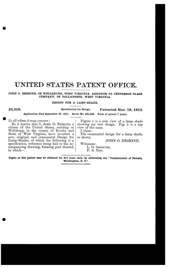 Jefferson Light Fixture Shade Design Patent D 42319-2