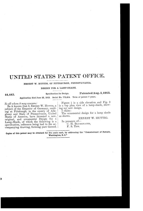 Jefferson Light Fixture Shade Design Patent D 44443-2