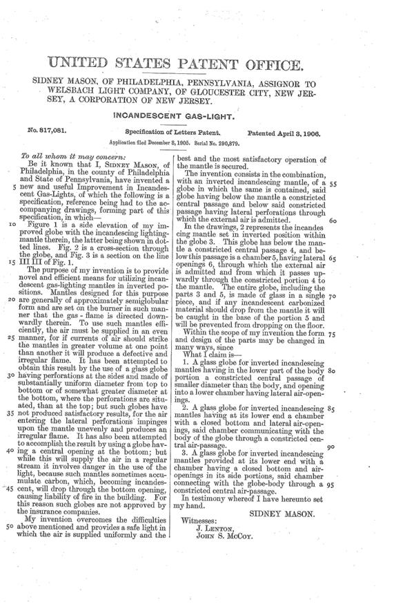 Welsbach Light Incandescent Gas Globe Patent 817081-2