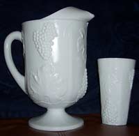 Lancaster Colony Harvest Milk Glass Pitcher and Tumbler
