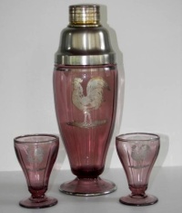 Cambridge # 525 Beverage Set w/ Rooster Silver Overlay