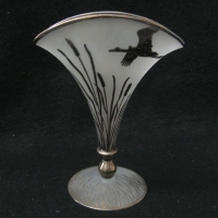 Fostoria #2385 Fan Vase w/ Silver Flying Crane Overlay