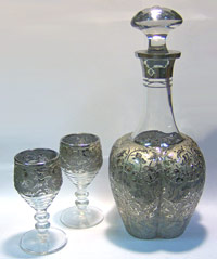 Paden City # 211 Spire Decanter and # 991 Cordial with Platinum Overlayed Spring Orchard Etch