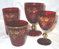 Unknown Gold Encrusted Ruby Stemware and Tumbler