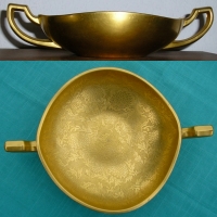 Unknown Gold Encrusted Handled Bowl w/ Unknown Chrysanthemum Etch