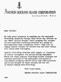 Anchor Hocking Cover Letter for Fire-King Cookbook